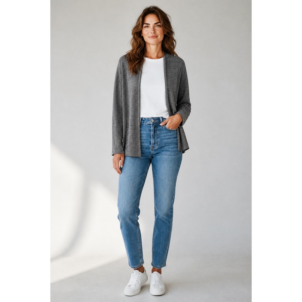 Eileen Fisher Organic Linen Cardigan XL‎ Black White Textured Open Front Sweater